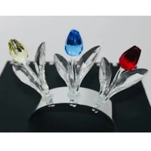 Swarovski Crystal 3 TULIP FLOWERS & DISPLAY STAND Holder Red Yellow Blue 3-1/2